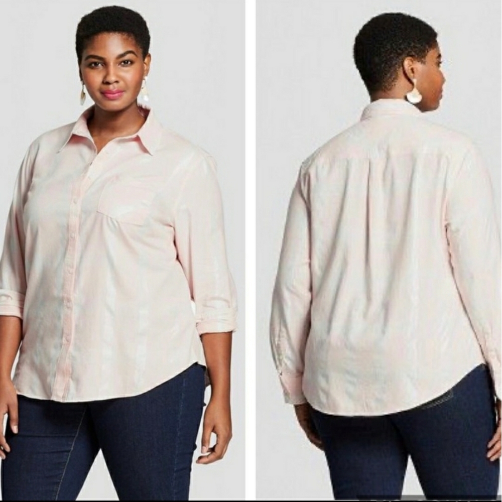 Ava & Viv Plus Pink & Silver Lightweight Cotton Plaid Flannel Button Up Shirt